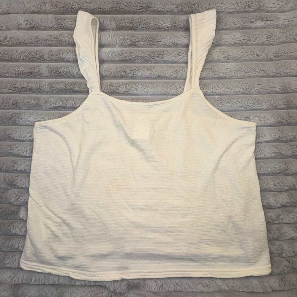 Marine Layer Womens XL Ribbed Ruffle Strap Tank Top Cream Square Neck Cropped - Picture 2 of 10
